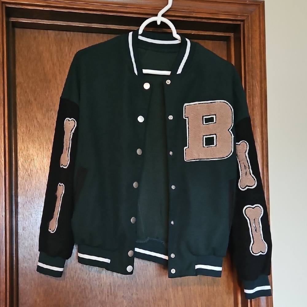 SHEIN Black and Green Letter Jacket, Size Medium